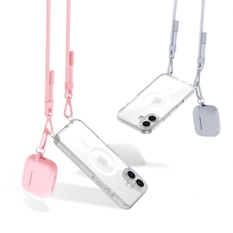 Etui Tech-Protect FlexAir Chain MagSafe do Apple iPhone 16, przezroczyste, z szarym i różowym smyczą