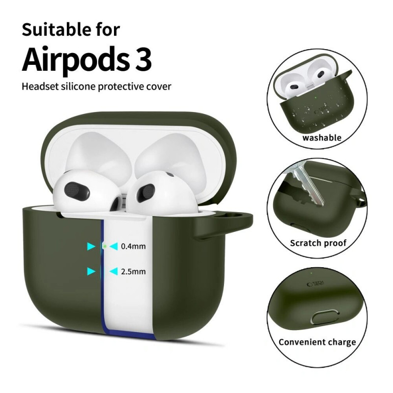 Etui silikonowe Tech-Protect Silicone Hook do Apple AirPods 3 z karabińczykiem, Olive Green