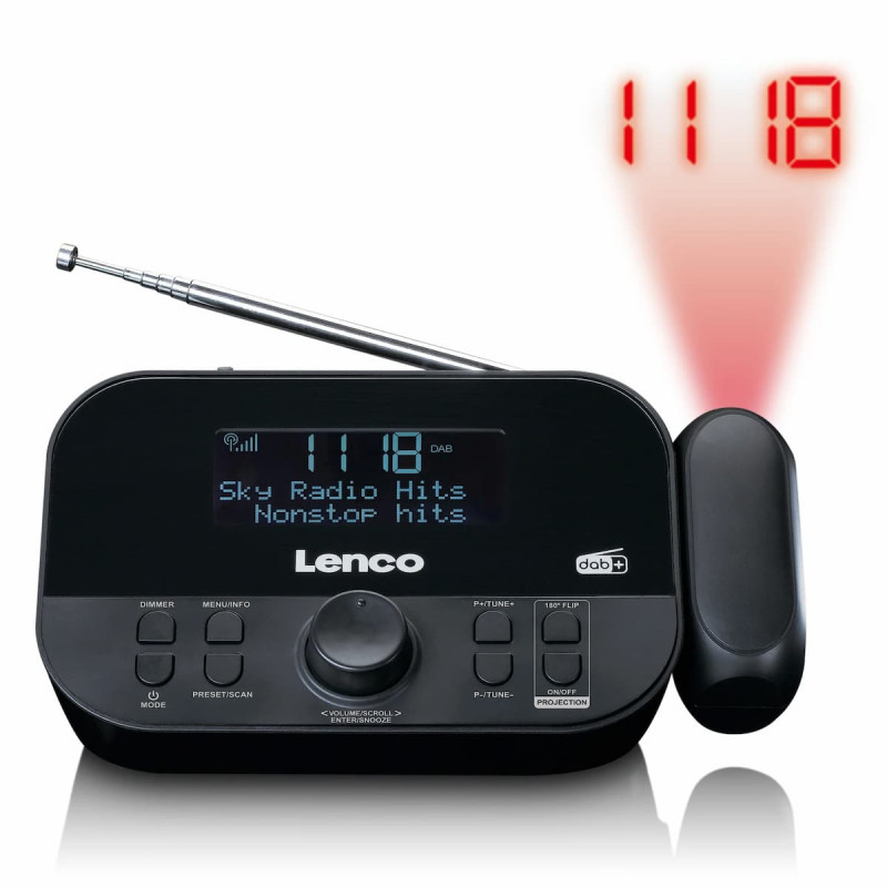 Lenco CR-615BK Zegar radiowy z budzikiem i projekcją, DAB+/FM, czarny