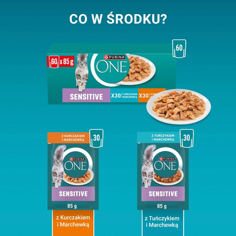Purina ONE Sensitive karma dla kotów, kurczak i marchew, 60 x 85 g