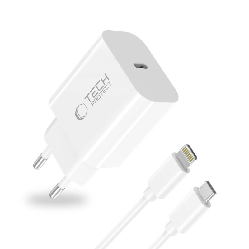 Tech-Protect NC20W ładowarka ścienna USB-C 1-port PD 20W z kablem Lightning, biała, 100 cm