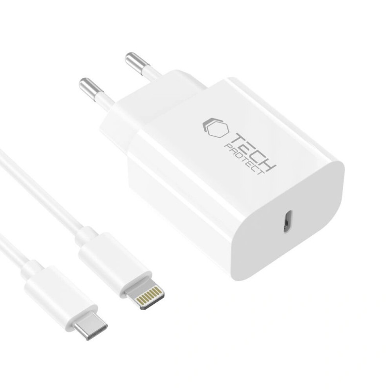 Tech-Protect NC20W ładowarka ścienna USB-C 1-port PD 20W z kablem Lightning, biała, 100 cm