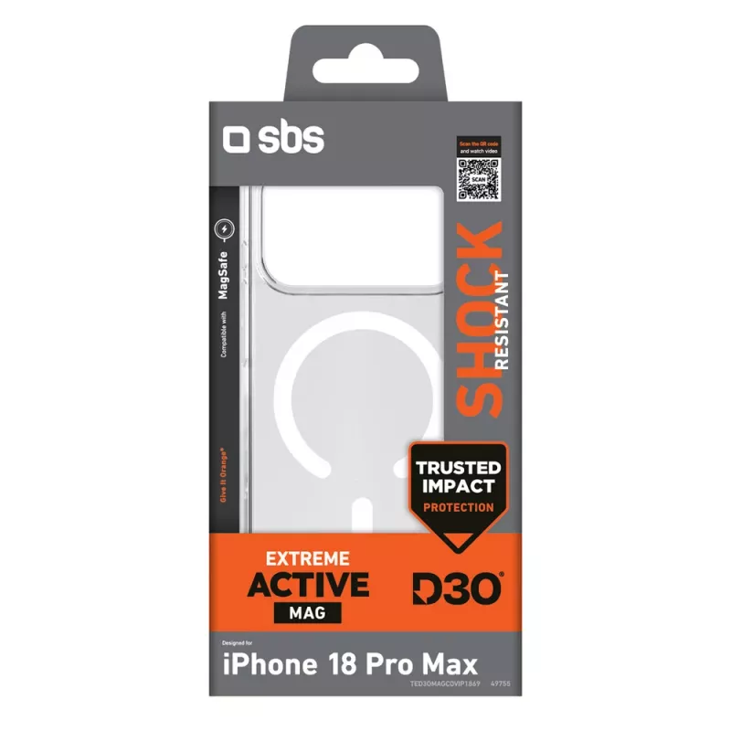 Etui SBS D3O Active do iPhone 18 Pro Max / 17 Pro Max, kompatybilne z MagSafe, przezroczyste