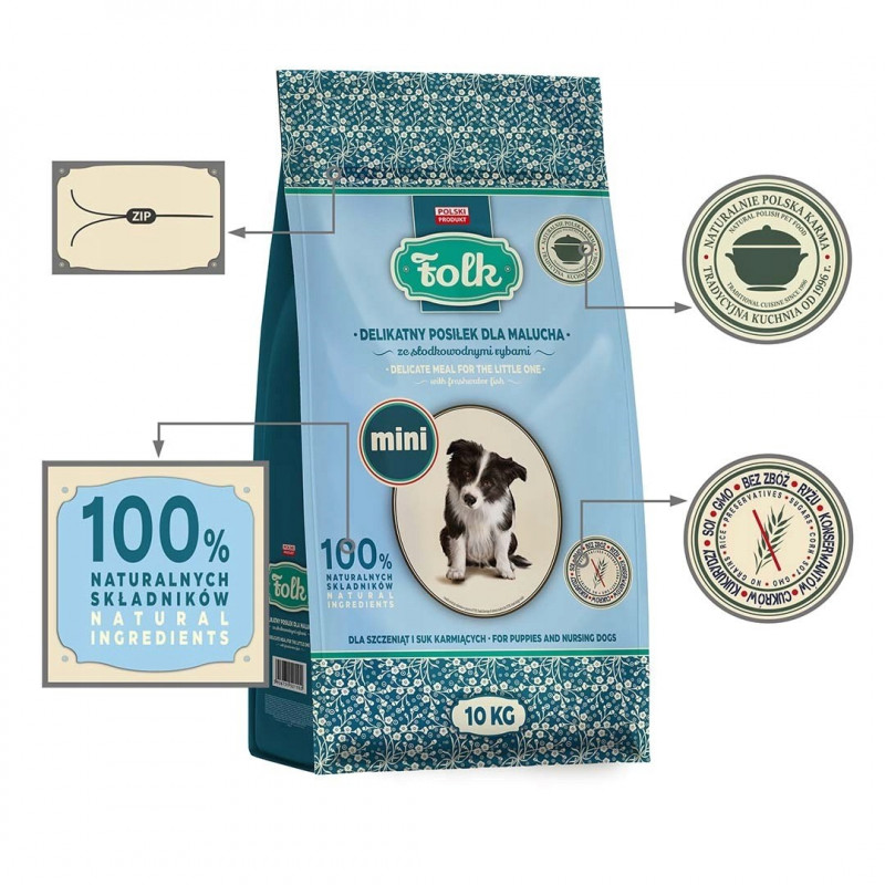 FOLK Delicate Meal for Puppies with Freshwater Fish Mini sucha karma dla psów, 10 kg