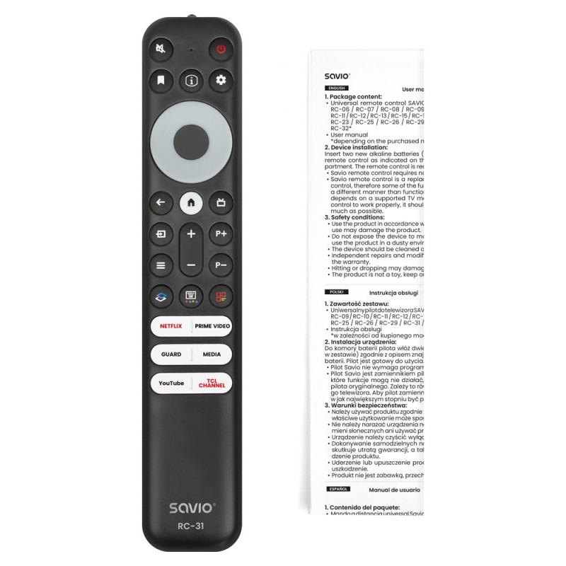 Savio RC-31 uniwersalny/zamienny pilot do telewizora TCL – SMART TV