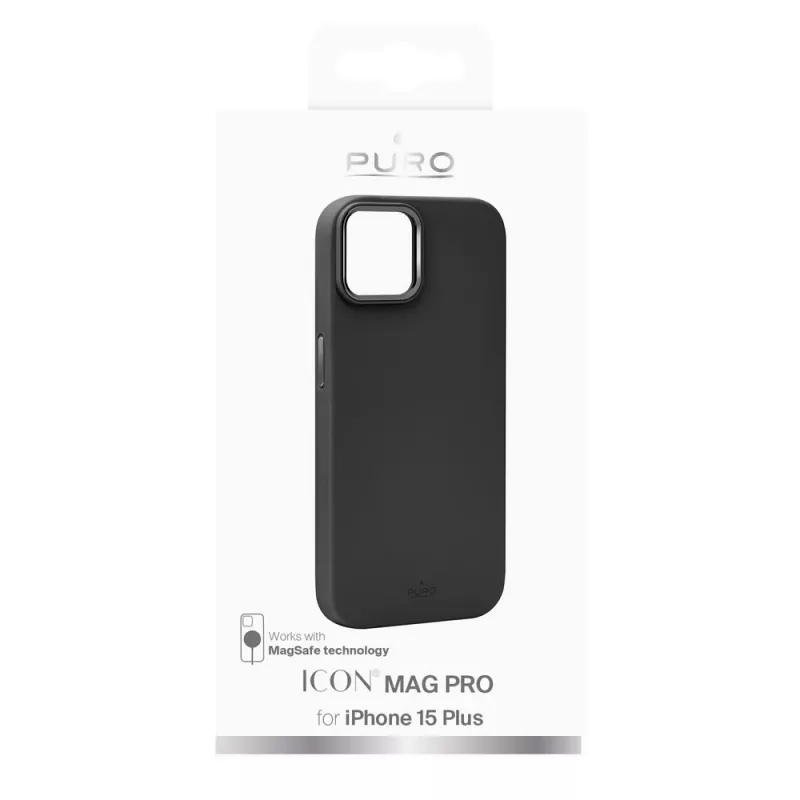 Puro Icon Mag Pro MagSafe etui silikonowe z metalowymi przyciskami do Apple iPhone 15 Plus, czarny