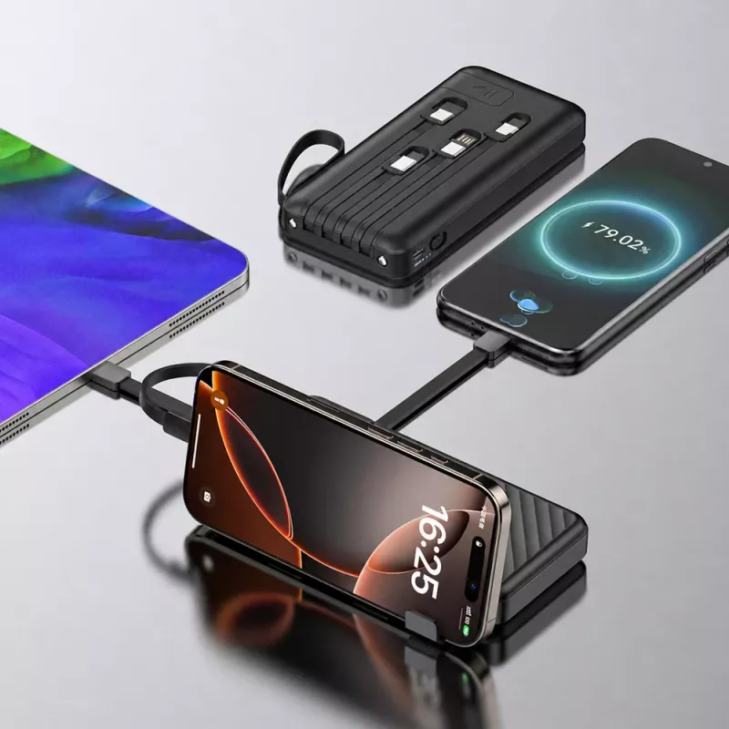Wozinsky W11-B 10000mAh 10W Power Bank z wbudowanymi kablami i latarką, czarny
