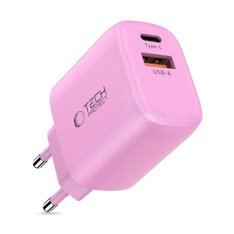 Tech-Protect NCA30 USB-A, USB-C ładowarka sieciowa PD 30W / QC3.0 Baby Pink
