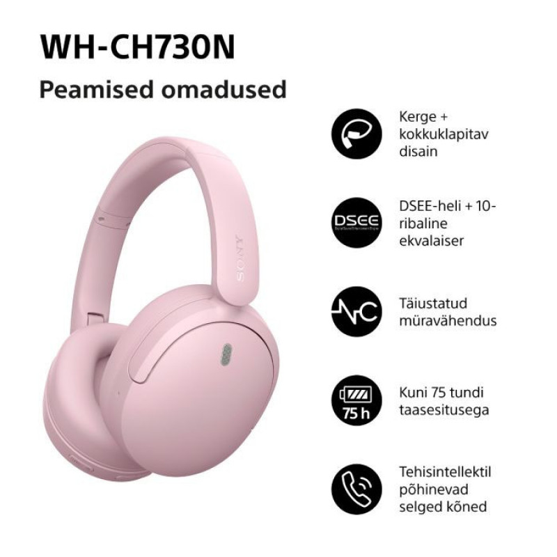 Sony WH-CH730N Bezprzewodowe słuchawki nauszne Bluetooth z mikrofonem, różowe