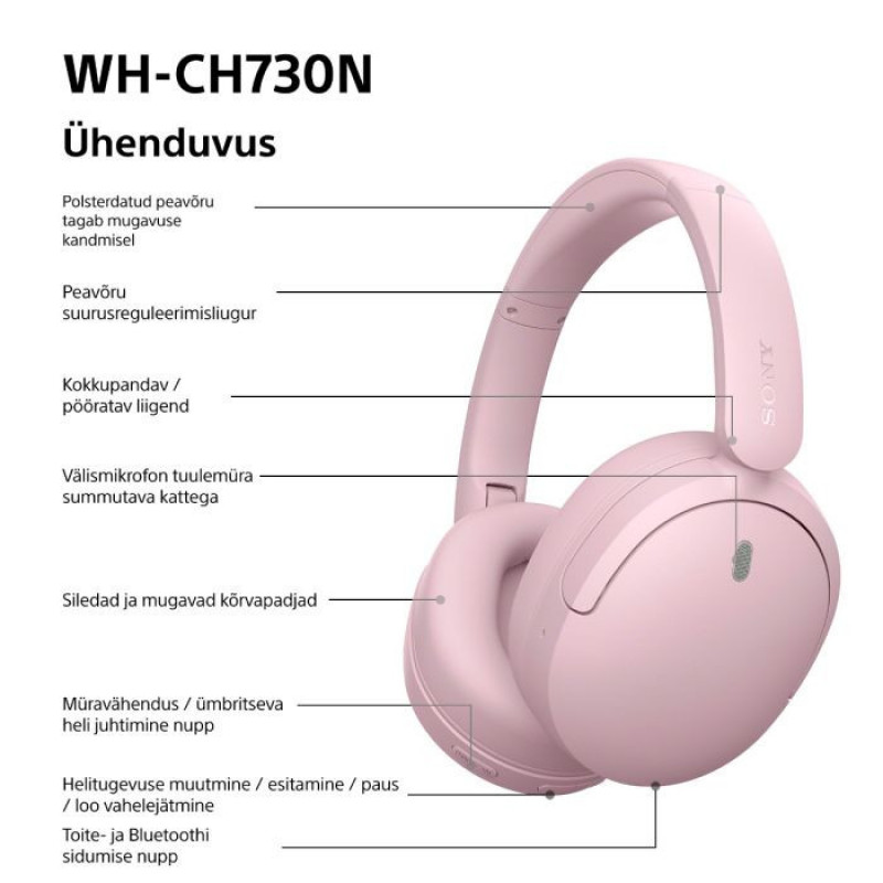 Sony WH-CH730N Bezprzewodowe słuchawki nauszne Bluetooth z mikrofonem, różowe