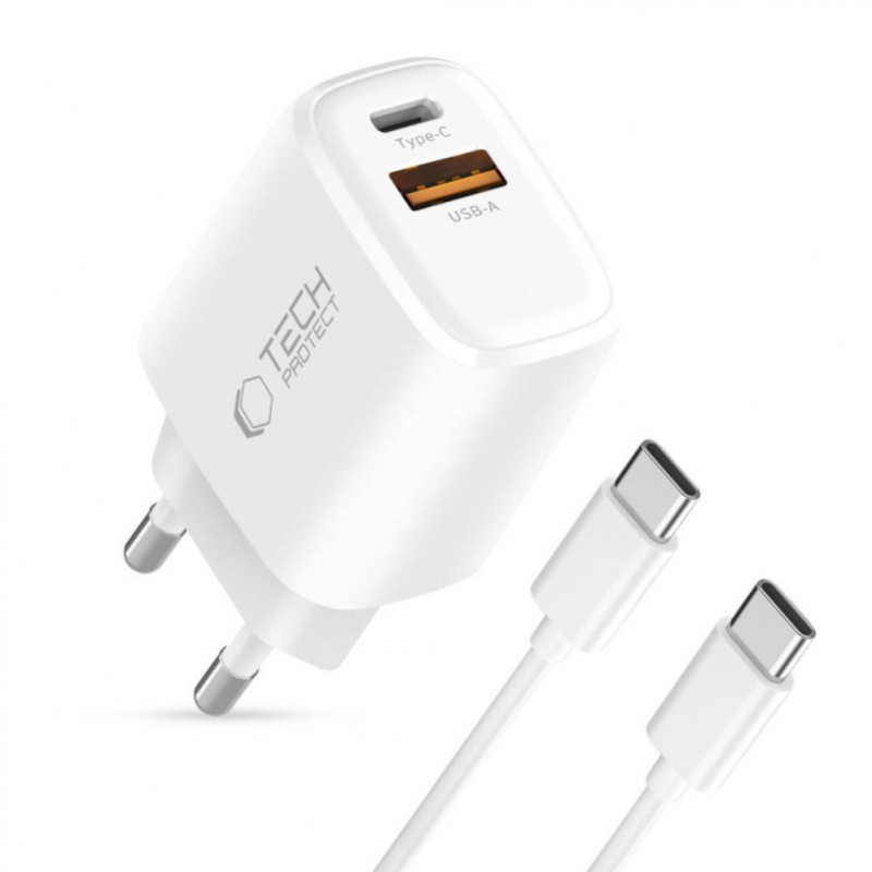 Tech-Protect NCA20 ładowarka ścienna USB-A / USB-C PD 20W / QC3.0 z kablem USB-C / USB-C 100 cm, biała