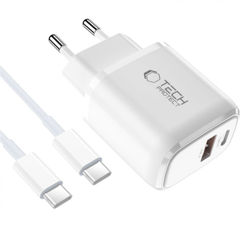 Tech-Protect NCA20 ładowarka ścienna USB-A / USB-C PD 20W / QC3.0 z kablem USB-C / USB-C 100 cm, biała