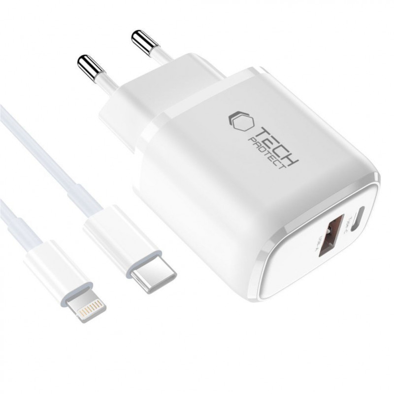 Tech-Protect NCA20 ładowarka ścienna USB-A / USB-C PD 20W / QC3.0 z kablem USB-C / Lightning 100 cm, biała