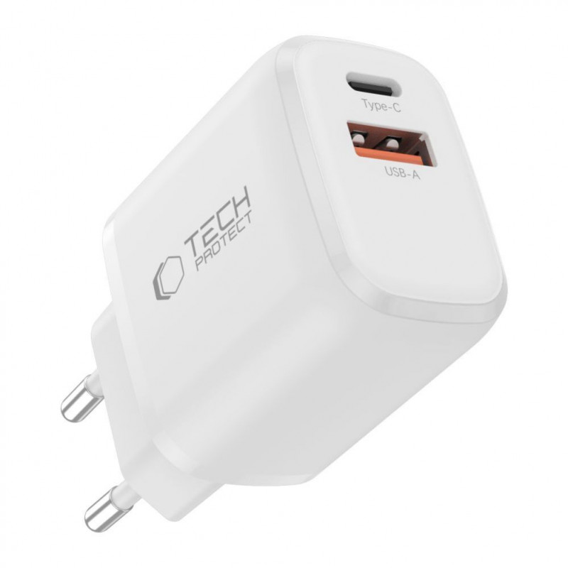 Tech-Protect NCA20 ładowarka ścienna USB-A / USB-C PD 20W / QC3.0 z kablem USB-C / Lightning 100 cm, biała