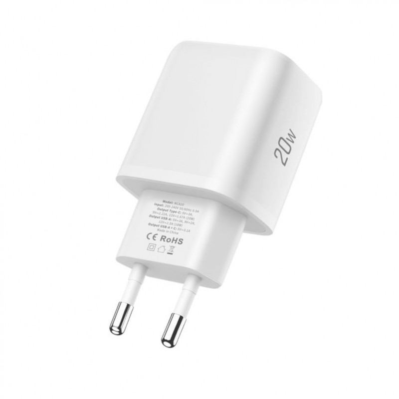 Tech-Protect NCA20 ładowarka ścienna USB-A / USB-C PD 20W / QC3.0 z kablem USB-C / Lightning 100 cm, biała