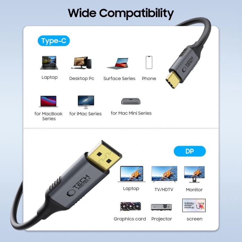 Tech-Protect UltraBoost kabel USB-C do DisplayPort 1.4, 8K 60Hz, 180 cm, czarny