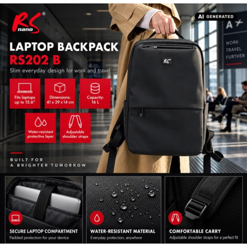 Plecak na laptopa NanoRS RS202 B 15.6", czarny, 41x29x4, wodoodporny