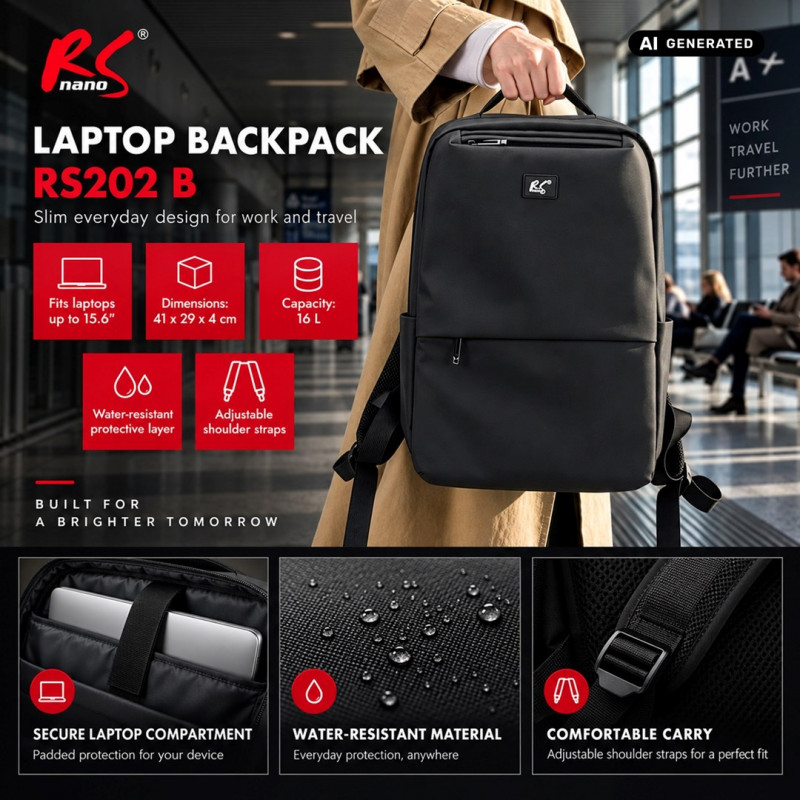 Plecak na laptopa NanoRS RS202 B 15.6", czarny, 41x29x4, wodoodporny