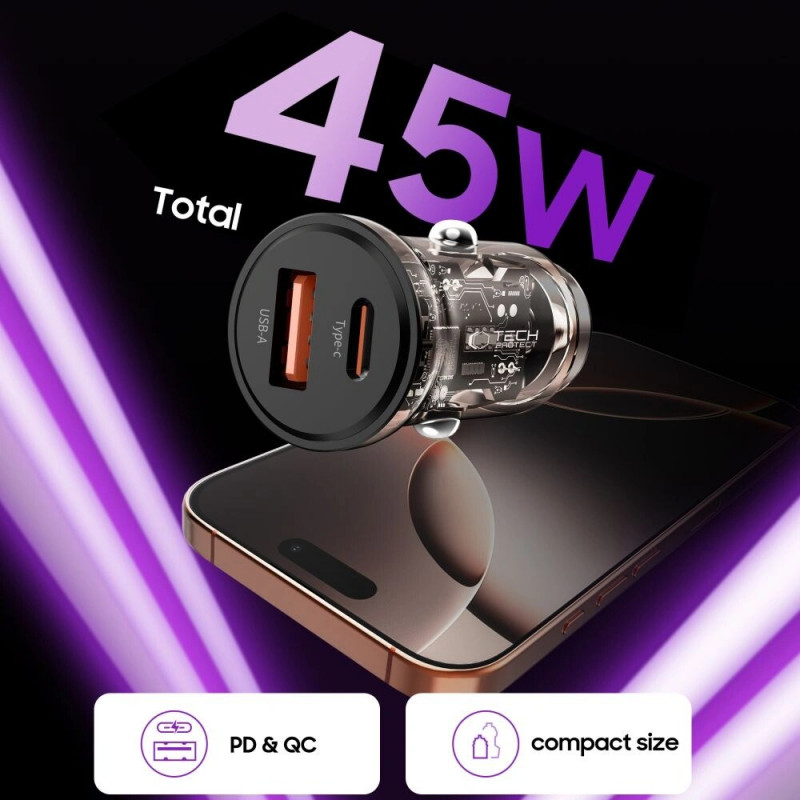 Tech-Protect CC01 ładowarka samochodowa 2-portowa USB-A / USB-C, PD 45W / QC 3.0, czarna