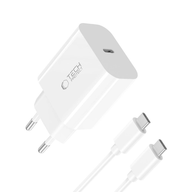 Tech-Protect NC20W ładowarka ścienna USB-C 1-port PD20W z kablem USB-C / USB-C, biała