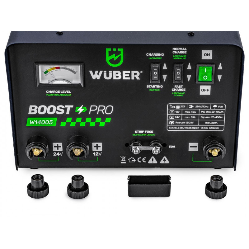 Ładowarka do akumulatorów samochodowych Wuber W14005 z funkcją rozruchu, 40 A, 12 V/24 V