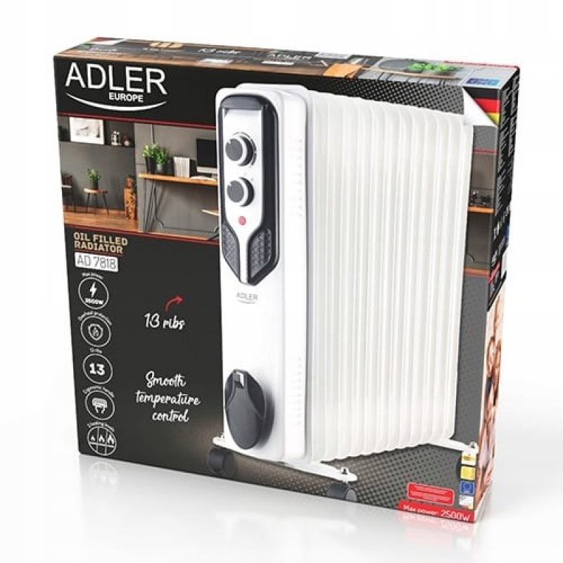 Grzejnik olejowy Adler AD 7818, 2500 W, 3 poziomy mocy, 13 żeberek, biały