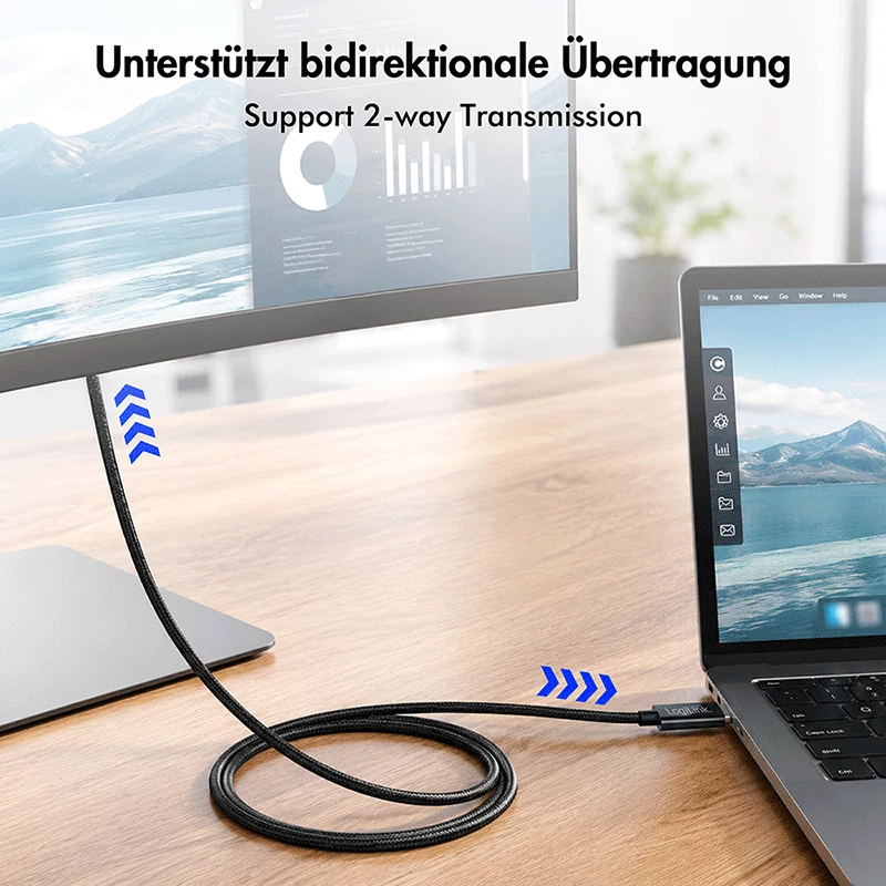 Kabel LogiLink CUA0120 USB 3.2 Gen2 Type-C, C/M do DP/M, bi-di, 8K/60 Hz, metalowy, czarny, 1,8 m