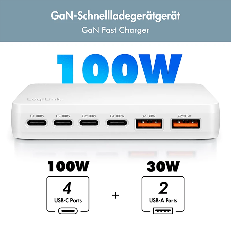 LogiLink PA0418 ładowarka biurkowa USB-A/C, 100 W, GaN, 6 portów, 2x USB-A (QC), 4x USB-C (PD), biała