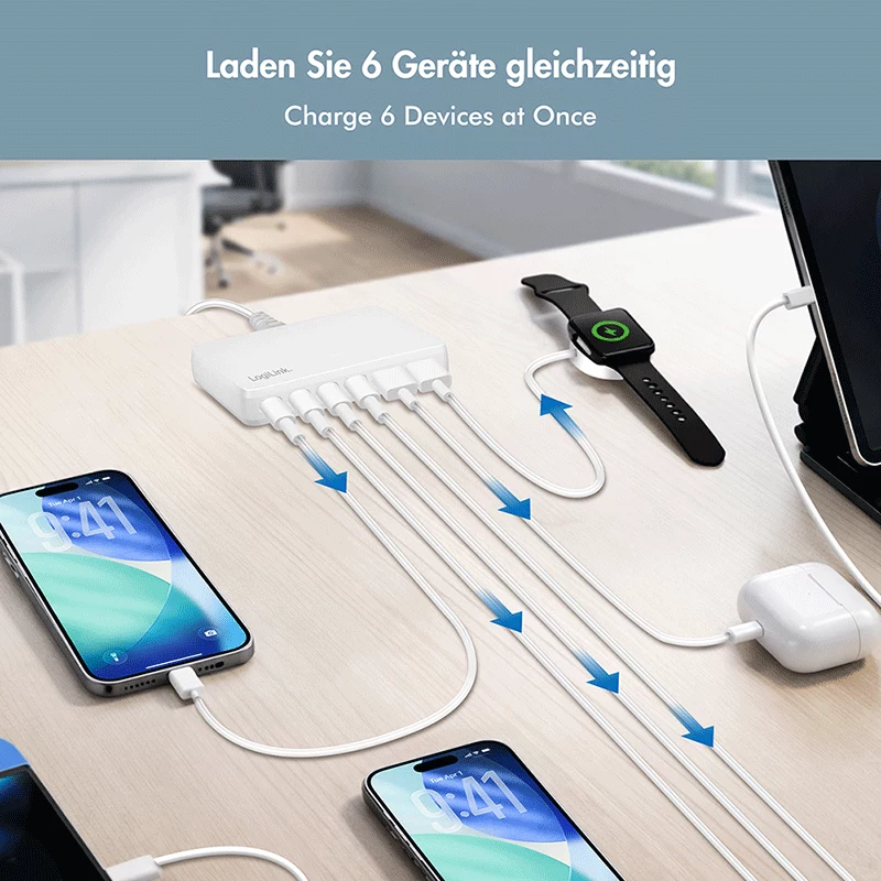 LogiLink PA0418 ładowarka biurkowa USB-A/C, 100 W, GaN, 6 portów, 2x USB-A (QC), 4x USB-C (PD), biała