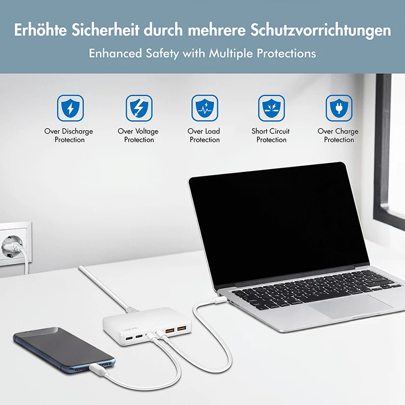 LogiLink PA0418 ładowarka biurkowa USB-A/C, 100 W, GaN, 6 portów, 2x USB-A (QC), 4x USB-C (PD), biała