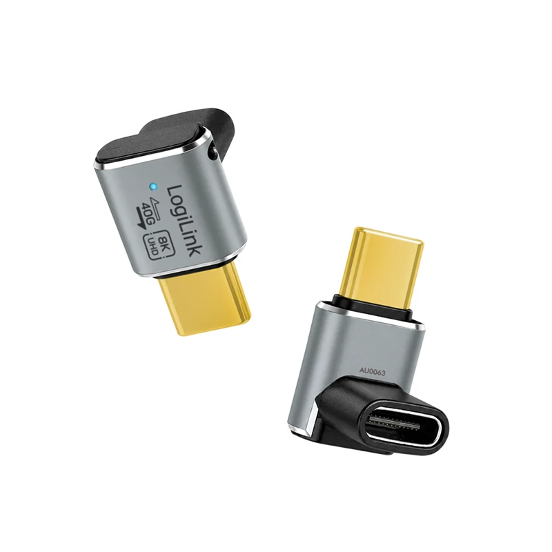 LogiLink AU0063 adapter USB 4 Type-C 90° U/D, C/M do C/F, 40 Gbps, 240W, 8K/60 Hz, metalowy, srebrny