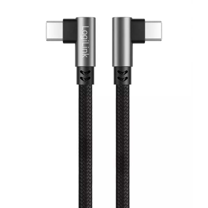 Kabel LogiLink CU0462 USB 2.0 Type-C, C/M 90° do C/M 90°, 480 Mbps, 100 W, metal, srebrno-czarny, 2 m