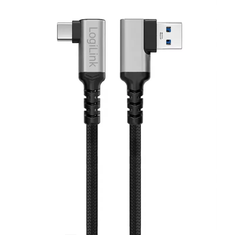 Kabel USB 3.2 Gen1 Type-C LogiLink CU0472, A/M 90° do C/M 90°, 5 Gbps, 60 W, metal, srebrno-czarny, 1,5 m