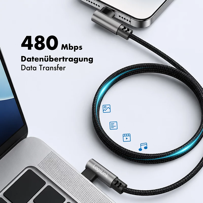 Kabel LogiLink CU0463 USB 2.0 Type-C, C/M 90° do C/M 90°, 480 Mbps, 100 W, metal, srebrno-czarny, 3 m