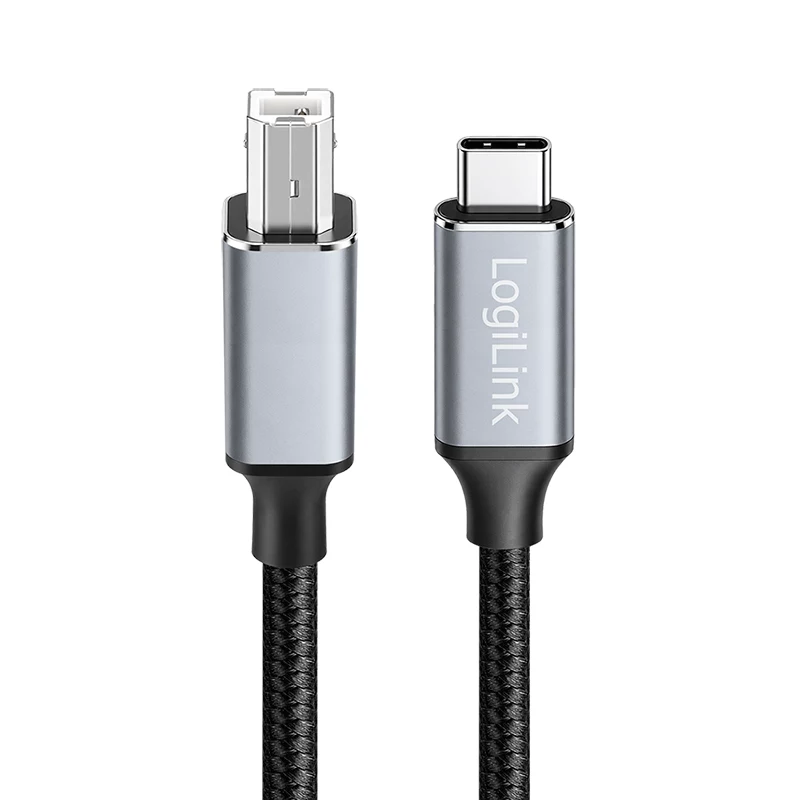 Kabel USB 2.0 Type-C Logilink CU0515, C/M do B/M, 480 Mbps, nylon, metal, czarno-srebrny, 2 m