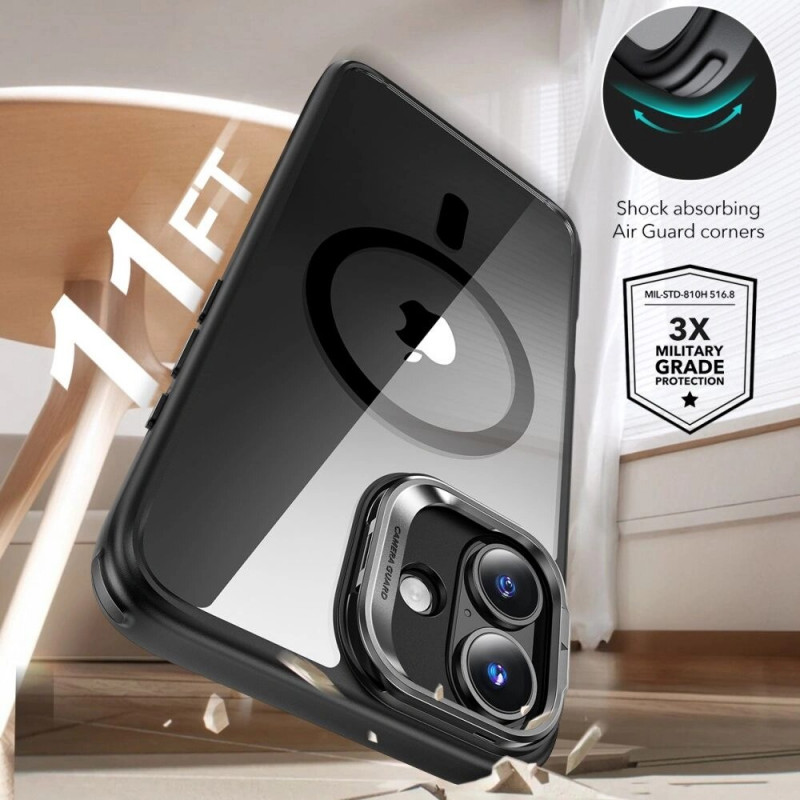 ESR Classic Hybrid Kickstand HaloLock MagSafe etui z hartowanym szkłem do Apple iPhone 16 Plus, przezroczysto-czarne