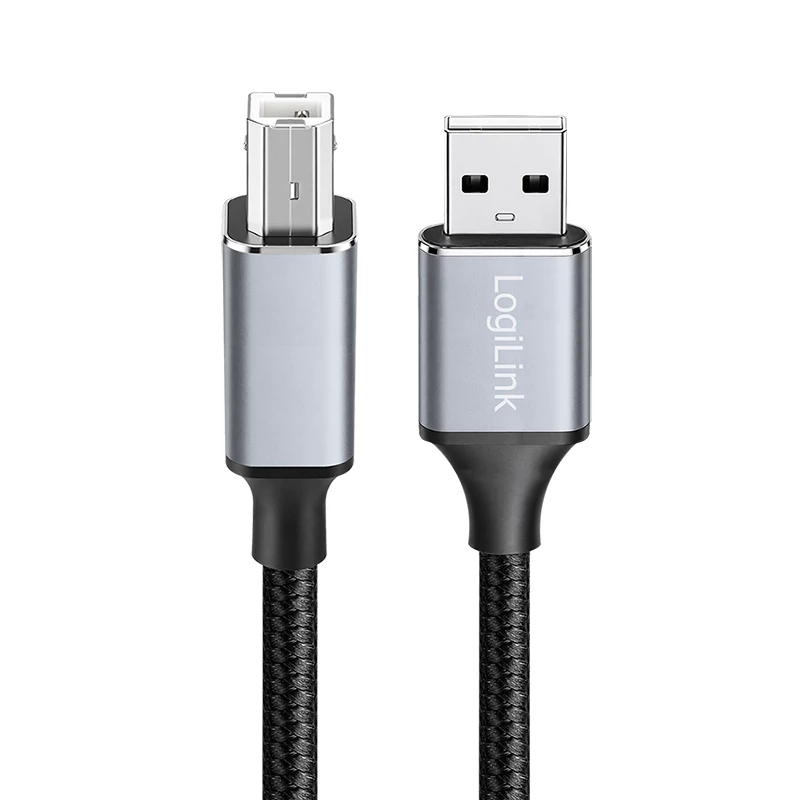 Kabel USB 2.0 Logilink CU0108, USB-A/M do USB-B/M, 480 Mbps, nylon, metal, czarny/srebrny, 3 m