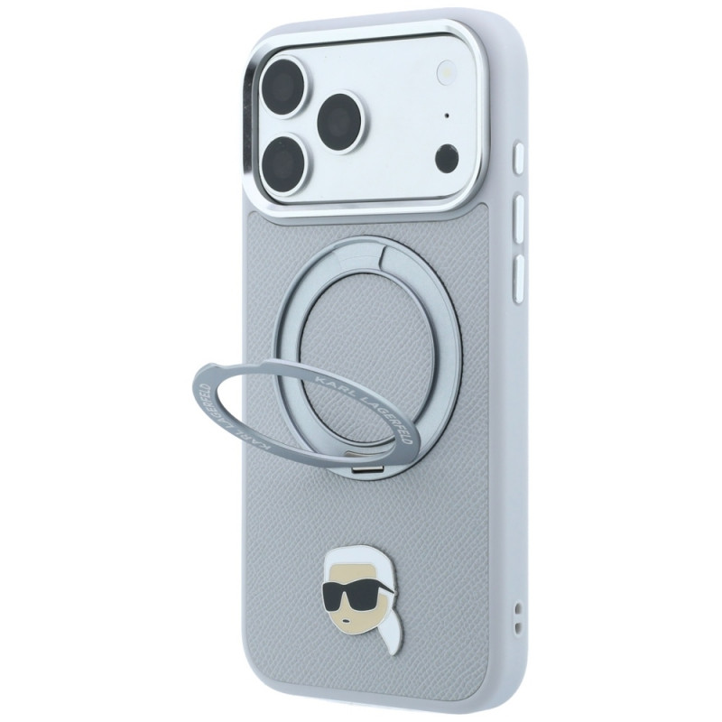 Etui Karl Lagerfeld with Ring Stand 360 Karl Head Pin MagSafe do Apple iPhone 18 Pro Max / 17 Pro Max, szare (KF003236)