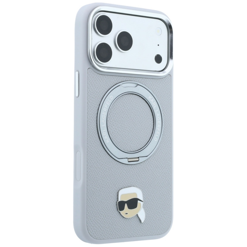 Etui Karl Lagerfeld with Ring Stand 360 Karl Head Pin MagSafe do Apple iPhone 18 Pro Max / 17 Pro Max, szare (KF003236)