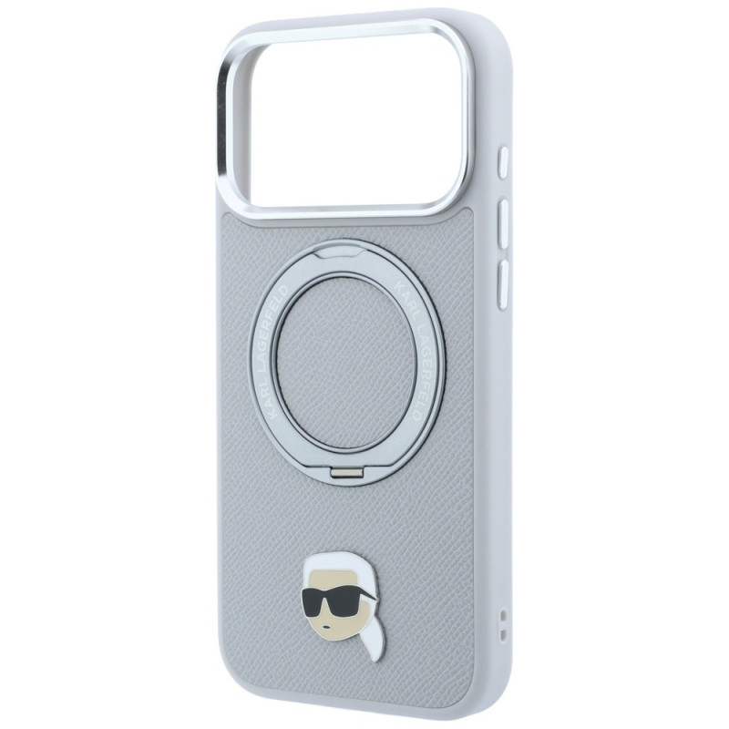 Etui Karl Lagerfeld with Ring Stand 360 Karl Head Pin MagSafe do Apple iPhone 18 Pro Max / 17 Pro Max, szare (KF003236)