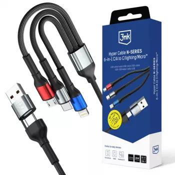 3MK Hyper Cable N-SERIES 6in1 USB-C / USB-A na USB-C / MicroUSB / Lightning, kabel QC 3.0, 18 W (9 V / 2 A), 1.2 m, czarny