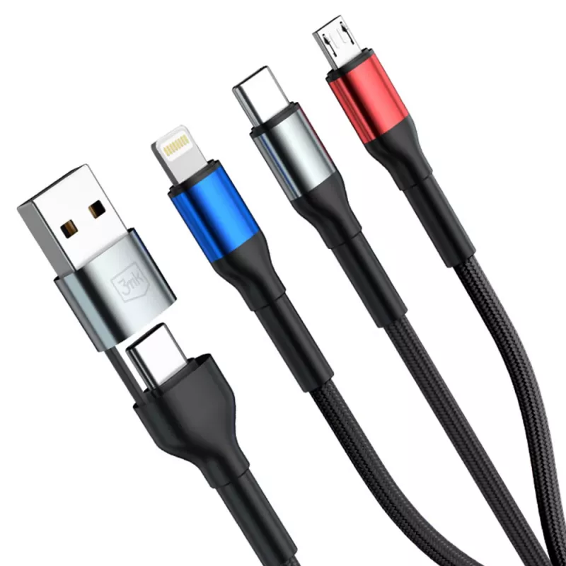 3MK Hyper Cable N-SERIES 6in1 USB-C / USB-A na USB-C / MicroUSB / Lightning, kabel QC 3.0, 18 W (9 V / 2 A), 1.2 m, czarny