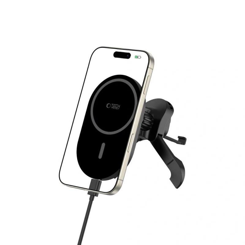 Tech-Protect MM15W-V6 magnetyczny uchwyt samochodowy MagSafe stabilny na kratkę nawiewu z ładowarką bezprzewodową 15W, czarny