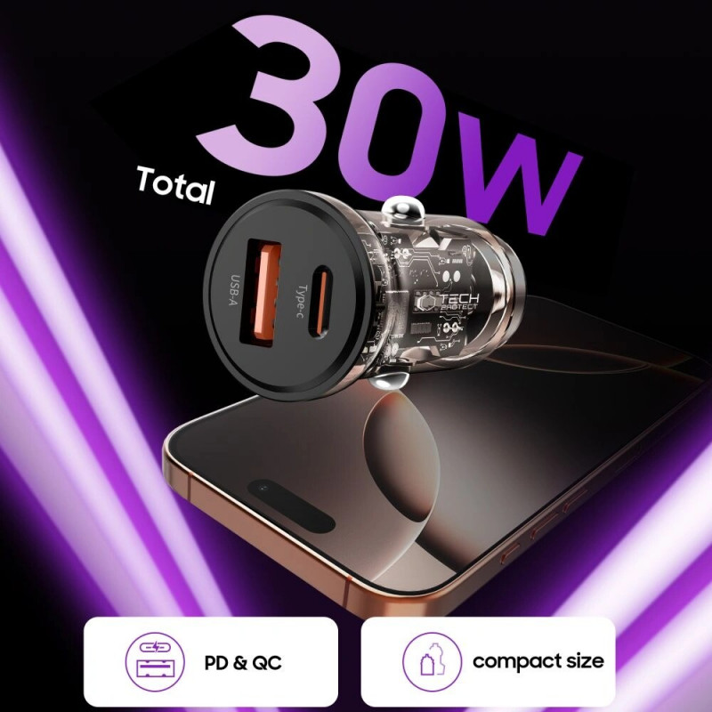Tech-Protect CC01 2-portowa ładowarka samochodowa USB-A / USB-C, PD 30W / QC 3.0, czarna