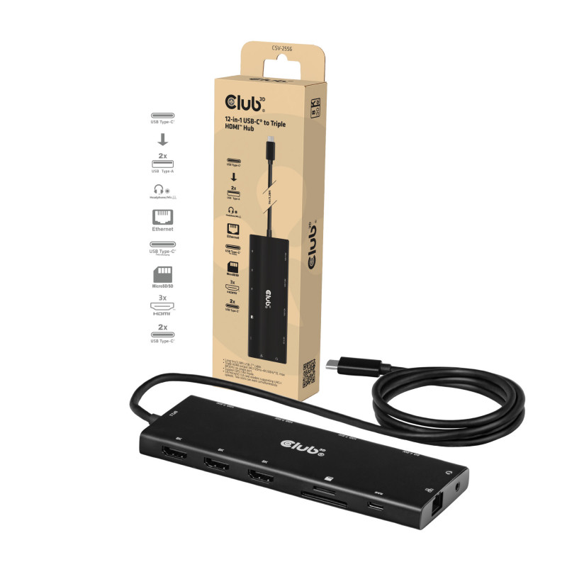 Club 3D CSV-2556 koncentrator USB-C 12 w 1, 3x HDMI/3x USB-C/USB/LAN, 8K30Hz, PD 140W