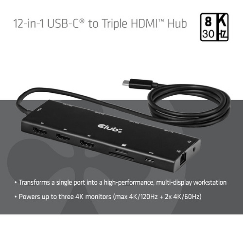 Club 3D CSV-2556 koncentrator USB-C 12 w 1, 3x HDMI/3x USB-C/USB/LAN, 8K30Hz, PD 140W