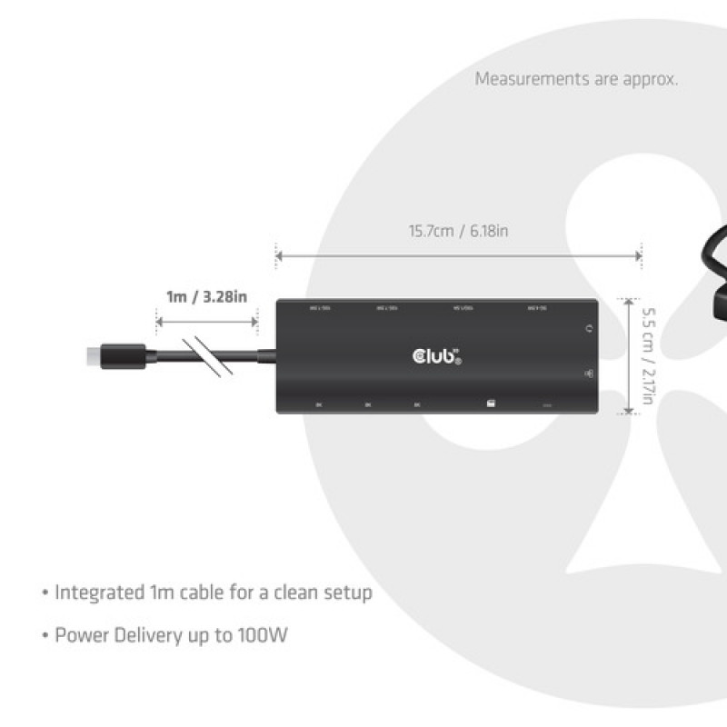 Club 3D CSV-2556 koncentrator USB-C 12 w 1, 3x HDMI/3x USB-C/USB/LAN, 8K30Hz, PD 140W