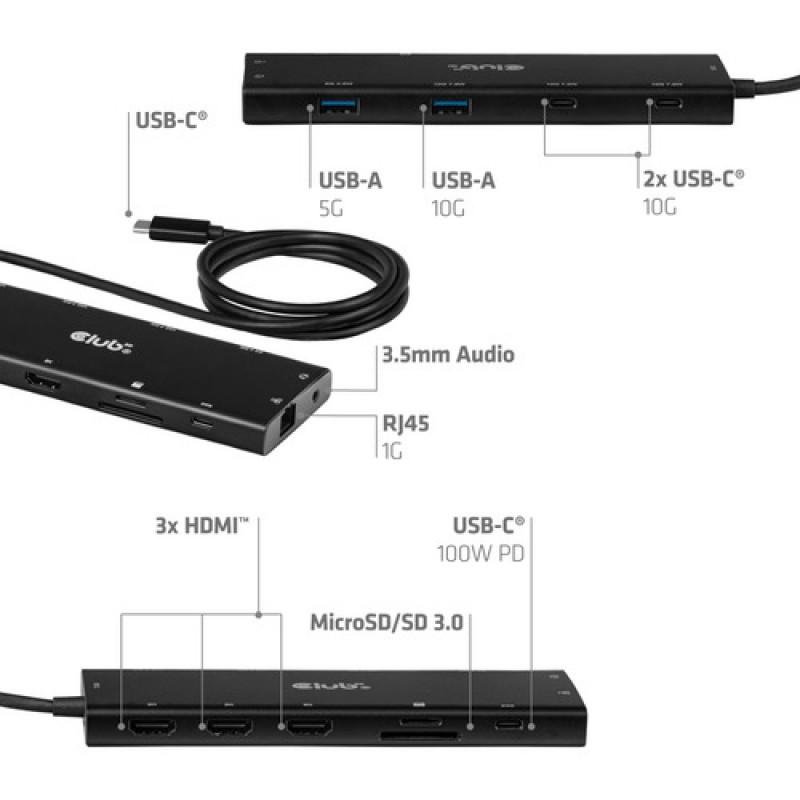 Club 3D CSV-2556 koncentrator USB-C 12 w 1, 3x HDMI/3x USB-C/USB/LAN, 8K30Hz, PD 140W