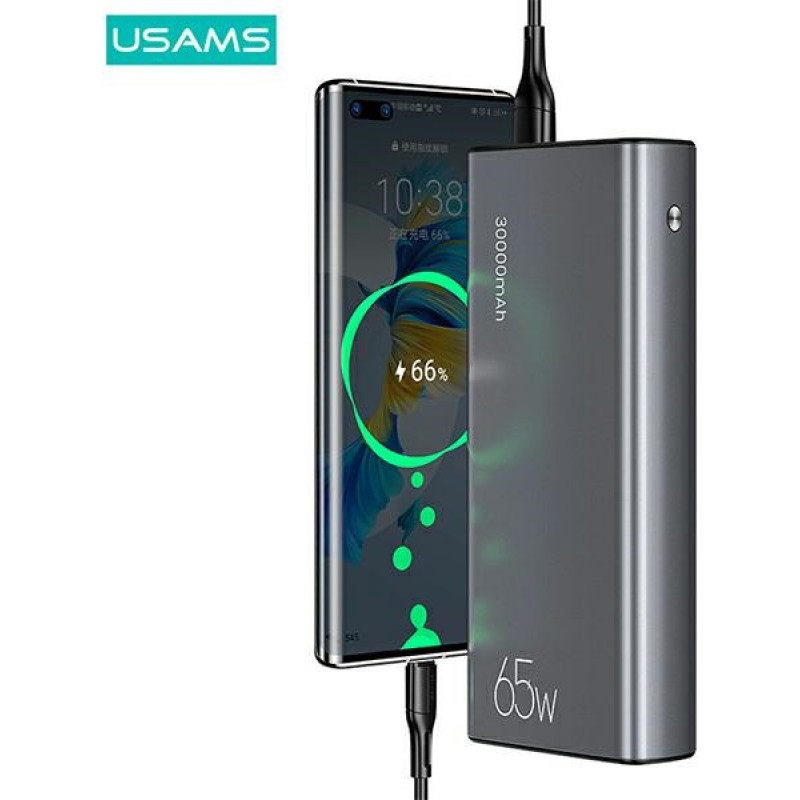 Power bank USAMS PB59 US-CD165 30000 mAh, 65 W, 2x QC3.0 + PD, czarny, z kablem USB-C do USB-C