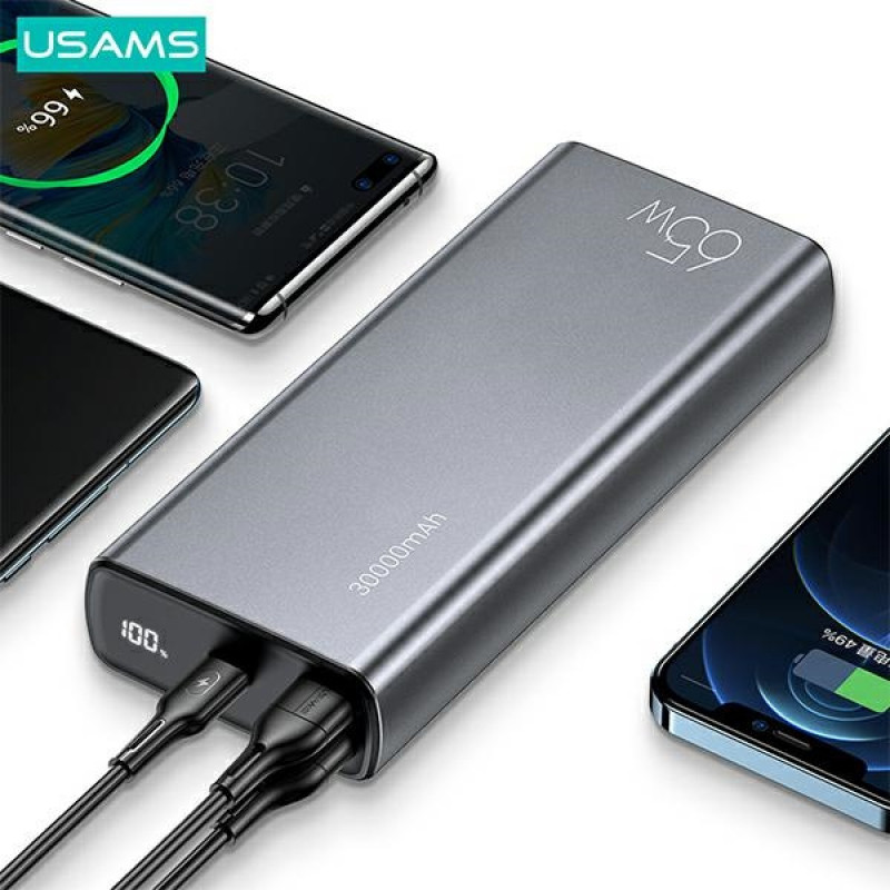 Power bank USAMS PB59 US-CD165 30000 mAh, 65 W, 2x QC3.0 + PD, czarny, z kablem USB-C do USB-C